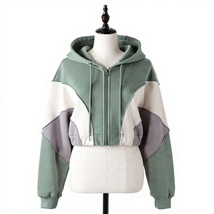 Sweat-shirt court en tricot à capuche color block pour femme, avec fermeture éclair et épaules tombantes, style décontracté automne - Product Image 3