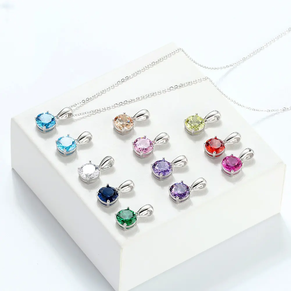 Lucky Birthstone Crystal Diamond Stones Collar Joyería Real 925 Sterling Silver CZ Round Zircon Colgante Collares para mujeres