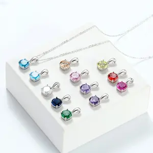 Lucky Birthstone Crystal Diamond Stones Necklace Jewelry Real 925 Sterling Silver CZ Round Zircon Pendant Necklaces for Women
