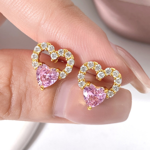 <b>Heart</b> Shape 18K Gold Plated Pink Zircon Stud <b>Earrings</b> Women's Romantic Jewelry Gift - Product Image 1