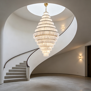 Modern Alabaster <b>Chandelier</b> Round Drum Shade Gold Frame LED 2700K Warm White E27 Socket Dimmable for Villa Interior - Product Image 2