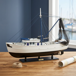 BARCO PESCADOR DE CAMARONES CON REDES, MADERA DE ACACIA, PINTADO ESTILO NAUTICO, MODELO DE DECORACIÓN PARA EL HOGAR - Product Image 3