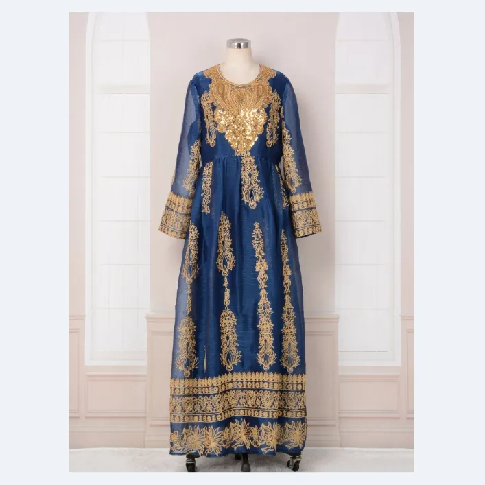 2023 Nova Moda Vintage Étnicas Lantejoulas Bordados Abaya Vestido Mulheres Oriente Médio Árabe Omã Marroquino Caftan Dubai Roupas Muçulmanas