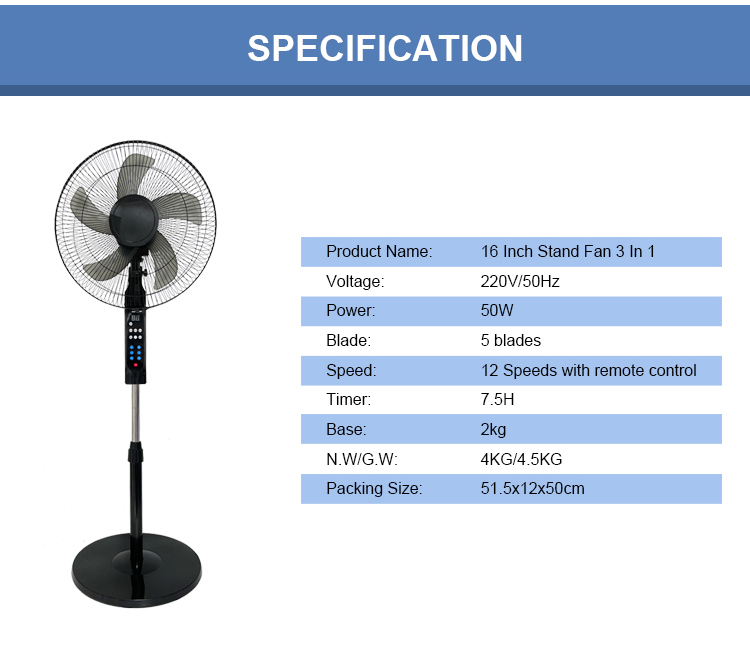 16 18 Inch 3 In 1 AC Motor Remote Stand Fan 5 PP Blades Metal Grill Stand Floor Fan Good Quality Stand Fan