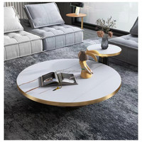 Ensemble de tables basses Lovezone modernes, écologiques et durables, avec plateau en dalle de marbre, structure en métal doré, base en piédestal noir, personnalisable