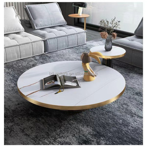 Modern Nested Round Coffee Table Set of 2 Marble Rock Slab Top Gold Metal <b>Frame</b> <b>Black</b> Pedestal Base Hotel Villa Lounge Furniture - Product Image 4