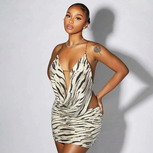 GHH12353- 2026 New Zebra Pattern <strong>Sequined</strong> Swinging Collar Open Back Top Tight Half Skirt <strong>Two</strong> <strong>Piece</strong> <strong>Set</strong> - Product Image 2