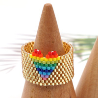 Bunte kleine Liebe Miyuki Perlen Ringe Frauen Böhmische Perlen Mikro elastische Regenbogen Herz Reis Perlen Ring