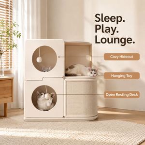 Meuble modulaire moderne pour chat, table d'appoint, mobilier d'intérieur pour le sommeil, le jeu et le repos du chat, avec jouet suspendu et griffoir pour chat - Product Image 1