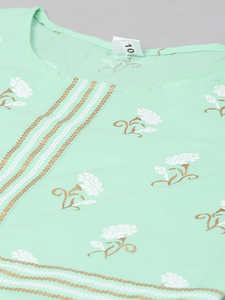 Ensemble décontracté pour femmes en coton à rayures florales vertes 2 pièces Respirant Écologique Ensemble d'été Manches trois quarts Longueur cheville Kurta - Product Image 2