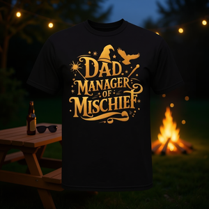 T-shirt Dad Manager Of Mischief per la festa del papà, a tema magico, in cotone nero, taglia adulta - Product Image 3