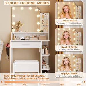 โต๊ะเครื่องแป้งสีขาวสไตล์โมเดิร์น SENYU พร้อมกระจกไฟ LED ลิ้นชักเก็บของ และเก้าอี้สำหรับห้องนอน - Product Image 5
