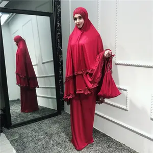 2019 Muslim Abaya Robes Arab Islamic Lace Skirts Scarf Tops Big-swing Prayer Abaya Set