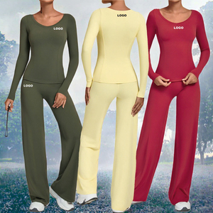 Women's Solid Long Sleeve Breathable Yoga Fitness 2-Piece Athletic Set High Quality Pants and Leggings - Product Image 3