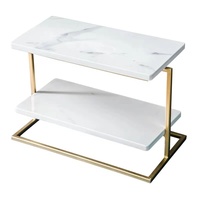 Présentoir à gâteau rectangulaire en marbre personnalisé en gros plateaux de présentation blancs de luxe à 2 niveaux avec poignée dorée