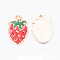 Emaille aardbei fruit bedel gouden kleurige legering hanger voor kinderlunchbox rits trekkoord