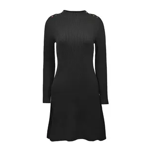 针织品厂家定制优雅秋冬黑色长袖修身女式针织毛衣连衣裙