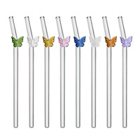 Pailles à boire en verre papillon colorées transparentes courbées pour café, jus, boissons, fêtes d'anniversaire
