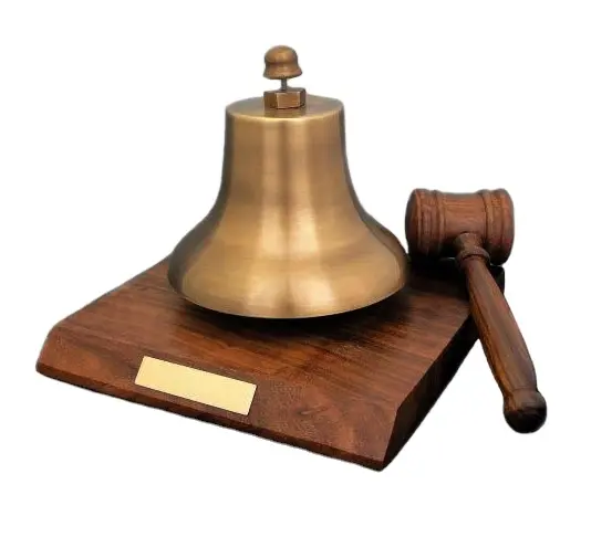 Office Brass Table Bell With Wooden Base & Hammer