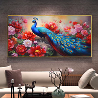 Peinture murale LED décorative pour salon, motif paon bleu moderne en porcelaine cristalline, vente en gros sur mesure