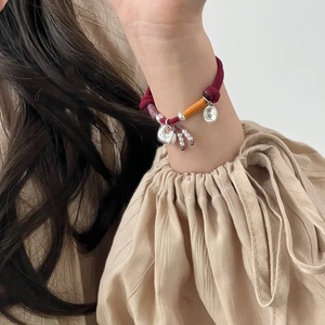 Pure Silver Chubby Lucky Bag <b>Rope</b> <b>Bracelet</b> Wine Red And Black Braided Charm Unisex Gift Jewelry - Product Image 4