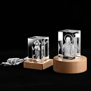 Cubo de cristal k9 en blanco, cubo láser 3d, diseño personalizado, base de madera led