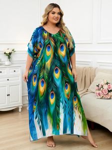 <strong>Plus</strong> <strong>Size</strong> Chiffon Loose <strong>Beach</strong> Kaftan Dresses for Women Print V-Neck Long Swimsuit <strong>Cover</strong> <strong>Ups</strong> - Product Image 4