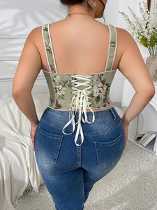Plus Size Sexy Fishbone Corset European &amp; American Style Floral Print <strong>Vintage</strong> Lace-Up Tank Top Strappy Printed Tie-Front Bustier - Product Image 6
