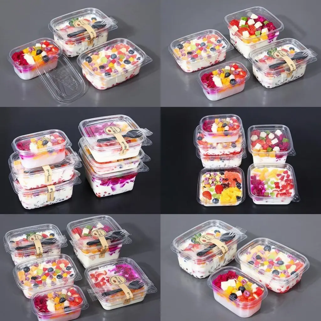 Boîte d'emballage jetable en plastique pour salade de fruits Rectangle Transparent Yaourt Fruité Mix 2 3 4 Compartiment Container avec Couvercle