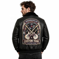 Blouson Bomber en Cuir d'Agneau Imprimé pour Festival de Musique OEM, avec Applique Graphique de Guitare et Broderie Personnalisée, Col en Fourrure pour Homme