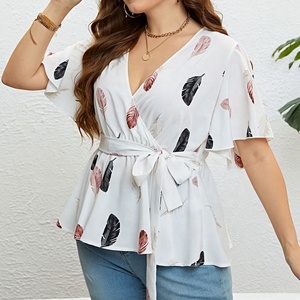 Penjualan laris blus Peplum bersabuk ukuran Plus dasi bungkus leher V cetak bulu lengan pendek musim panas atasan untuk wanita - Product Image 3