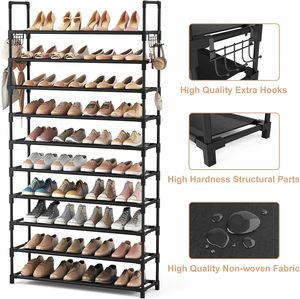 Étagère à chaussures moderne en métal à 10 niveaux, grande capacité (50 paires), avec deux crochets, design robuste pour entrée, <span class=keywords><strong>placard</strong></span> et chambre - Product Image 4