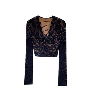 Blouses élégantes en dentelle à manches longues et col en V pour femme, chemises unies en dentelle, hauts élégants pour femme, vente en gros - Product Image 5