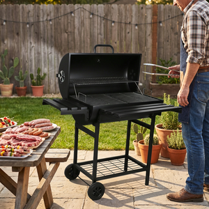 Modern Iron Backyard Outdoor Charcoal BBQ Grill Cooker With Trolley And Flame Tamer OEM Manufacturer Wholesale