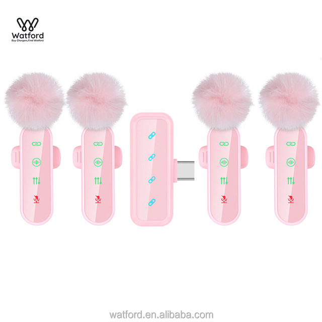 4in1 Pink Omni-directional Portable Condenser Lavalier Wireless Microphone 3.5mm Type C IOS Multi Connectors 20Hz-20kHz ABS