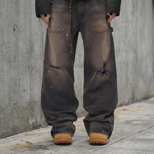 Jeans larges déchirés pour hommes, coupe ample, denim déchiré, noir, style streetwear cargo - Product Image 3