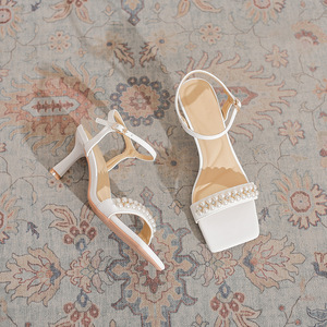 Zapatos de Tacón Alto Stiletto con Correa en el Tobillo y Decoración de Perlas, de Cuero Genuino Negro, Punta Cuadrada, para Mujer, Moda de Verano - Product Image 4