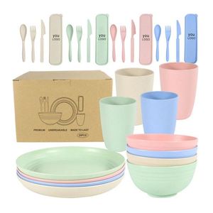 Nouvel ensemble de vaisselle écologique incassable Sinoge Design 28 pièces en paille de blé : couverts, tasses, bols et assiettes - Product Image 1