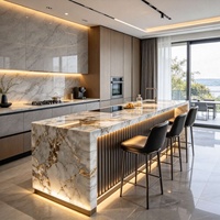 Îlot de cuisine en marbre naturel rétroéclairé sur mesure avec évier, comptoir de bar en pierre lumineuse à LED, îlot en pierre Coque pour maison et villa