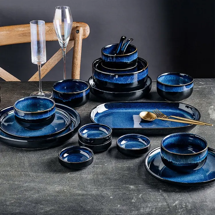 Toptan ucuz renkli sır mavi yüksek kaliteli porselen yemek tabağı restoran için pirinç kaseleri yuvarlak seramik yemek takımları