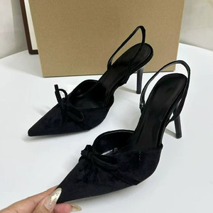 Sandales pour femmes en satin fantaisie haut de gamme, talons aiguilles, bout pointu, nœud papillon, escarpins sexy à talons hauts pour femmes - Product Image 1