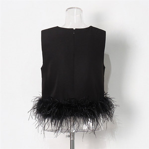 <span class=keywords><strong>Chaleco</strong></span> de <span class=keywords><strong>mujer</strong></span> estilo Hepburn, pluma de avestruz sintética de verano, cuello redondo recortado, ropa de abrigo corta de Color sólido, Top - Product Image 4