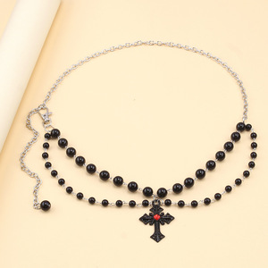 Gothic <b>Cross</b> Waist <b>Chain</b> Double Layer Black Pearl Body <b>Chain</b> For Party Fashion Accessory - Product Image 3