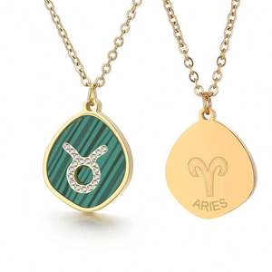 18K oro PVD natural malaquita piedra horóscopo Acero inoxidable circón signo del zodiaco colgante collar para mujer - Product Image 3