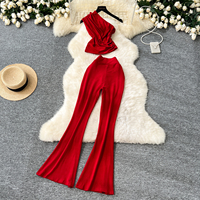 Ensemble deux pièces pour femmes, haut court asymétrique à col plissé, pantalon long évasé taille haute, style Y2K, pour soirée et club