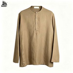 Custom Long Sleeve Stand up Collar <strong>Half</strong> <strong>Button</strong> up Flax Pullover Linen <strong>Shirt</strong> for Men - Product Image 1