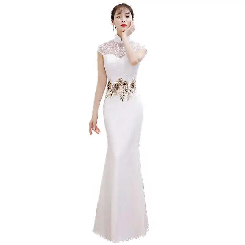 Design Retro White Evening Women Robe Casual Wearing Banquet Long Fishtail Improved Cheongsam Young Girl Style With Dresses