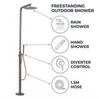 Ensemble de douche extérieure autoportant en acier inoxydable 316, mitigeur monocommande, finition or brossé, avec douchette à effet pluie, pour piscine et jardin, eau chaude et froide