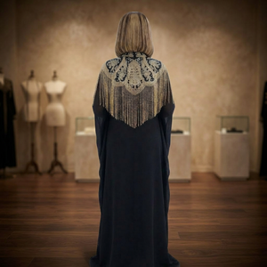 Abaya Moderne Élégante Noire et Dorée en Satin, Ornée de Perles et de Franges, Brodée à la Main, Modeste, Superposée, Longueur Ras du Sol, pour Soirées et Occasions Spéciales, avec Soutien-Gorge Intégré - Product Image 2