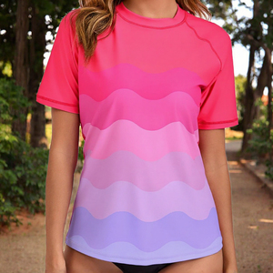Women's Gradient Wave Rash Guard Short Sleeve Quick Dry Swim Shirt UV Protection Sports Tee Pink Purple <b>Ombre</b> Design - Product Image 3